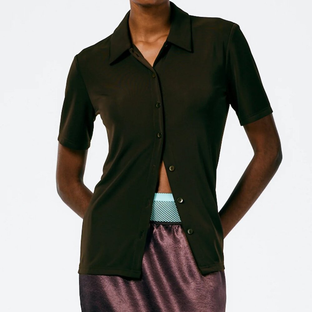 Tibi Harlow Jersey Slim Short Sleeve Shirt, Brown, XXS, NWOT